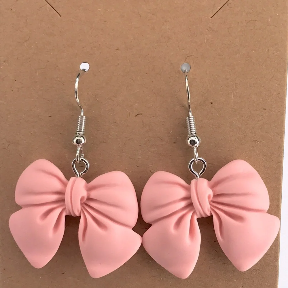 Resin Pink Bow Earrings Fashion Jewelry - Picture 4 of 4